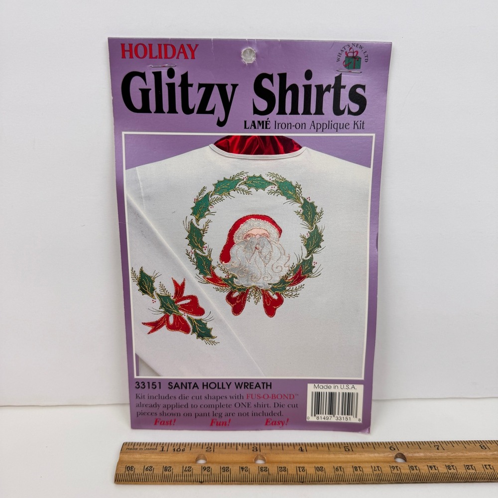 Vintage 1995 What's New Holiday Glitzy Shirts Santa Holly Wreath Applique 33151